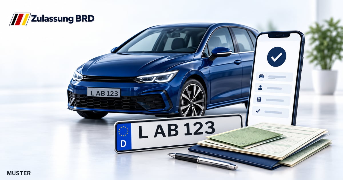 Online Fahrzeugzulassung in Borna: Musterkennzeichen L AB 123, Auto und Fahrzeugpapiere und Smartphone. Illustration mit Logo von Zulassung BRD.